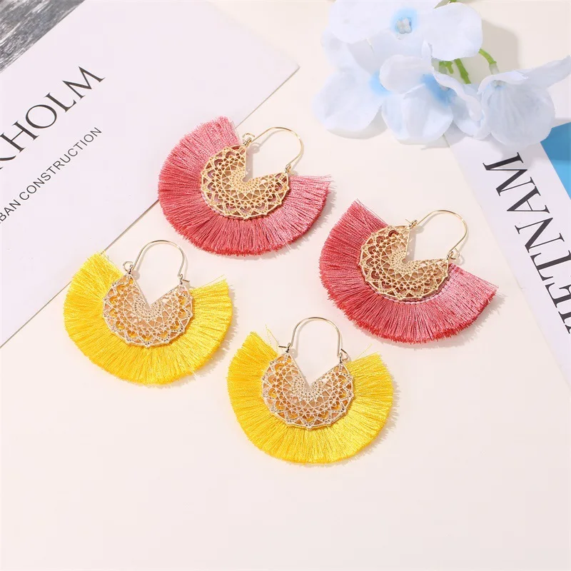 Tassel Lace Fan Retro Pattern Red Alloy Blue Khaki Black Grey White Yellow Dangle Earrings & Drop Earrings for Women Jewelry