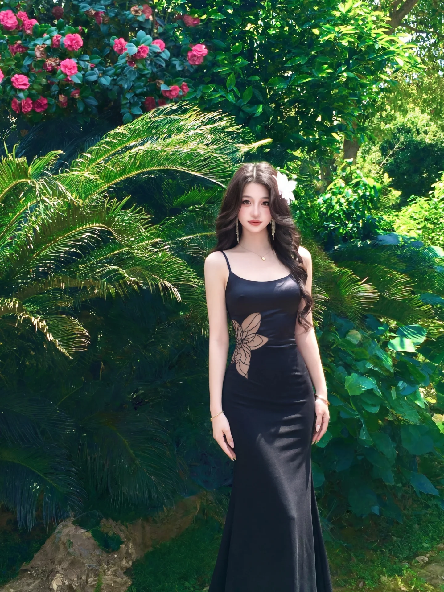 

Elegant Black Hollow out Strap Dress Women's Summer Beach Vacation Slim Fit Fish Tail Wrap Long Skirt Sexy Hot Girl Style