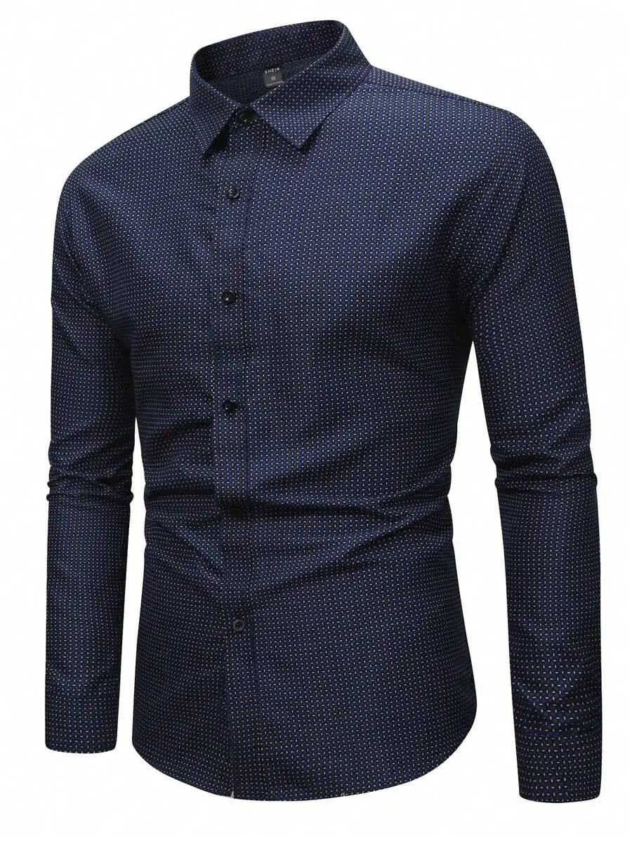 

Navy Blue Geometric Print Long Sleeve Button-Down Shirt for Men