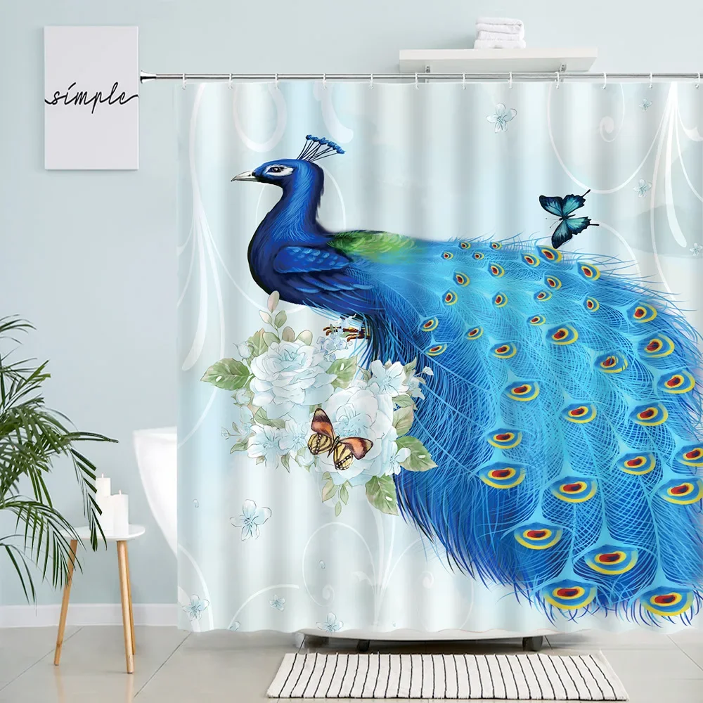 Butterfly Flower Blue Peacocks Shower Curtain Set Chinese Style Bird Feather Bath Curtains Polyester Fabric Bathroom Decor Hooks