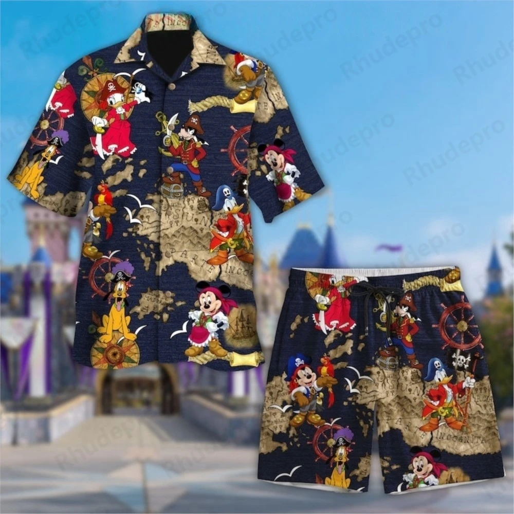 

Disney Mickey Friends Cruise Hawaiian Shirt Suit 3D Pirates Of The Caribbean Mickey Button Up Men Women Hawaii Shirt Shorts Set