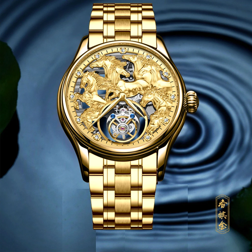 AESOP（manual7083G)Men Tourbillon Watch 3D Eight Steed Carving Skeleton Mechanical  Waterproof Luxury Business Gift Watch