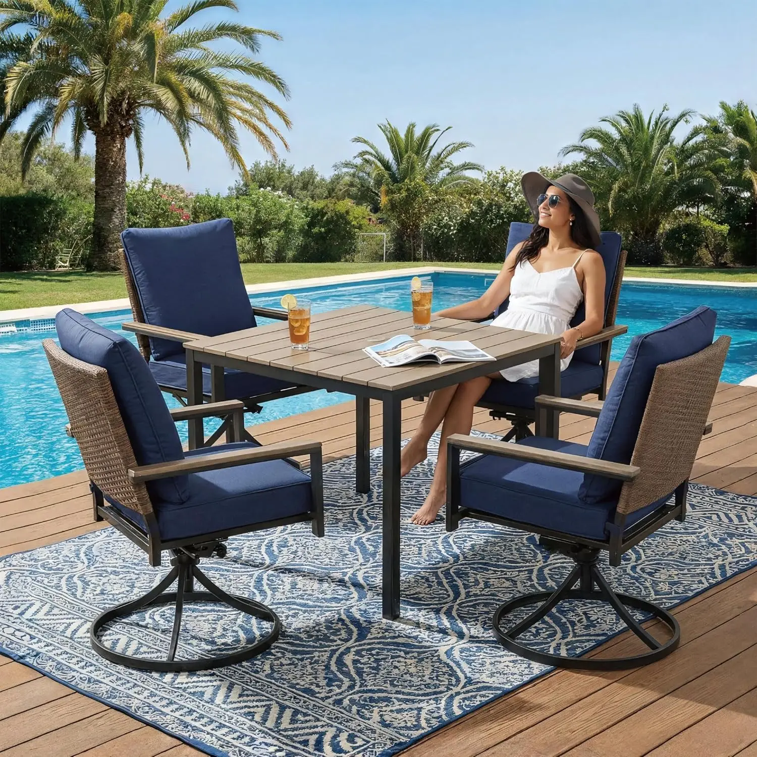 5-Piece Patio Dining Set, 4 Swivel Chairs with Removable Cushions & Square Table with Umbrella Hole, All-Weather Outdoor Furnitu