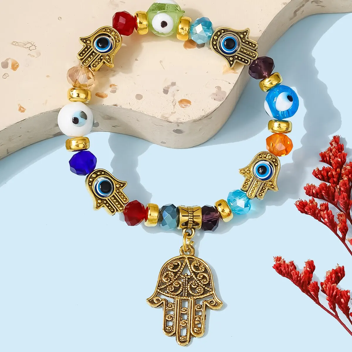 Blue Gold Accessory Devil\'s Eye Fatima Hands Crystal Metallic Palm Pendant Personality Bracelet