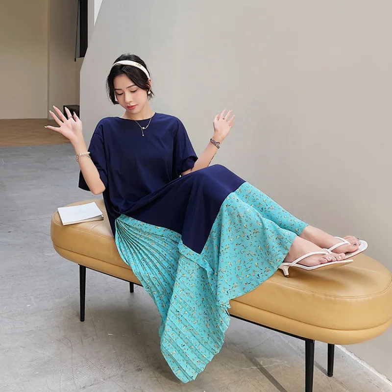 

Luxury Dress Summer New Large Long Slim Spliced Pleated Fragmented Flower Dress with Fake Two Piece Short Sleeve Dress