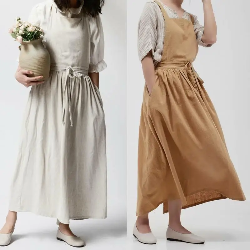 New Women's Cotton and Linen Apron Casual Solid Color Retro Dress Sleeveless Pocket Home Garden Kitchen Long Home Service