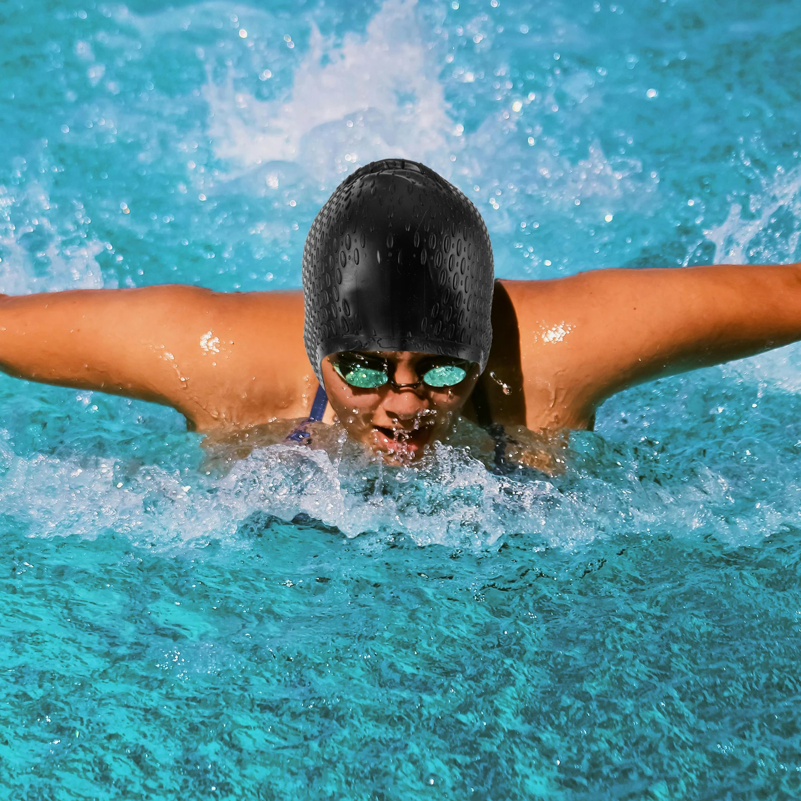 

Silicone Swimming Cap Waterproof Reusable 23x18cm Black Hair Protection Fashion Long Life Women Swim Caps