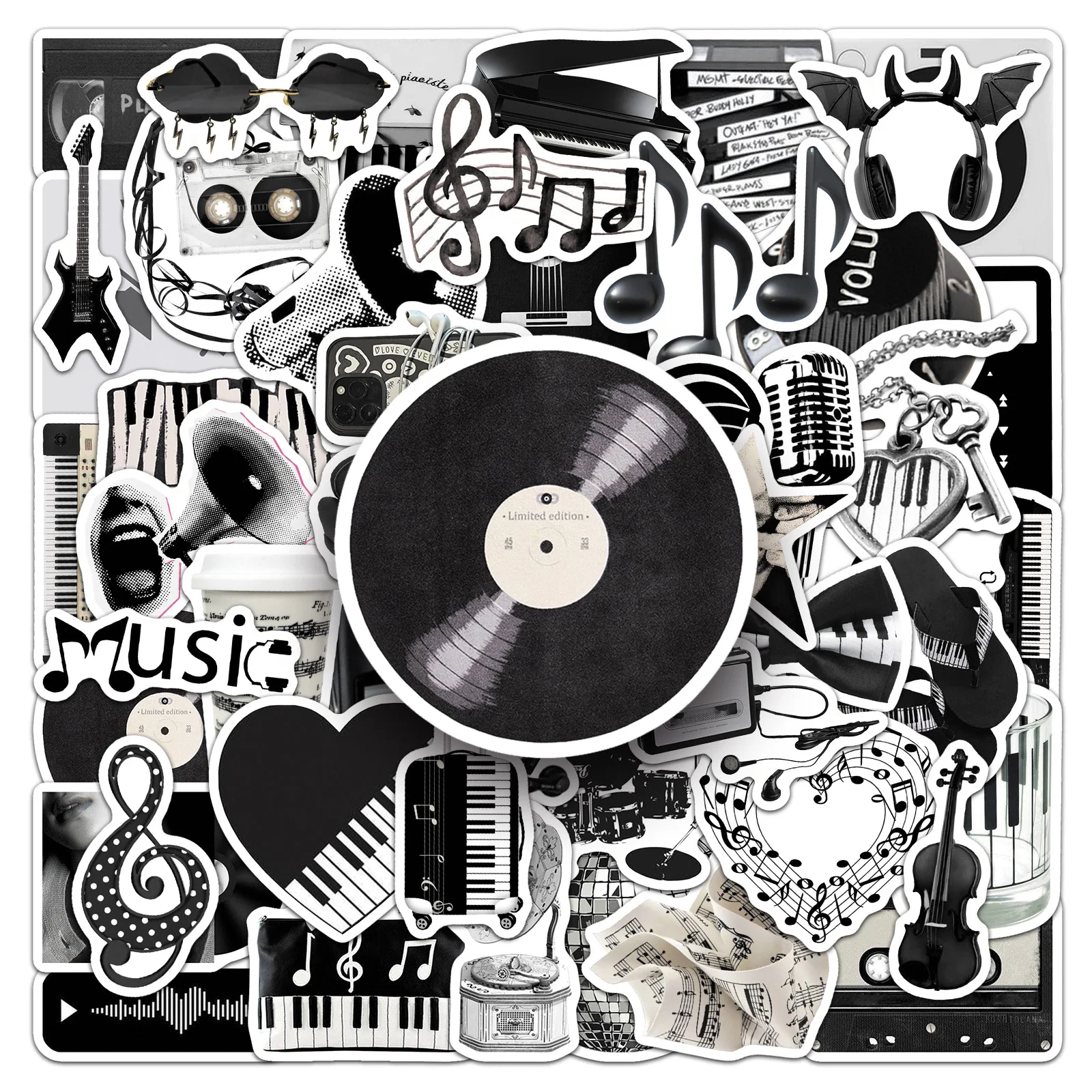 50 Pcs Black White Music Stickers Instrument Doodle Decals Waterproof Vinyl For Phone Case Journal Music Lover Gift