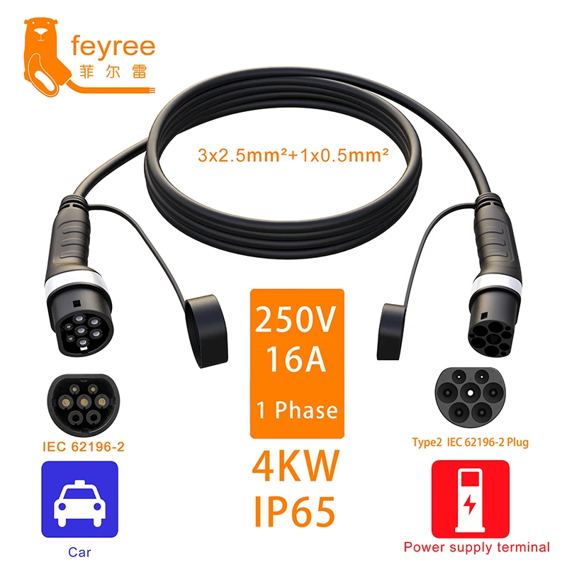 feyree Type2 Female to Male Plug EV Charging Cable 16A 11KW 32A 22KW 3Phase Electric Car IEC62196 Cord for Charger Station