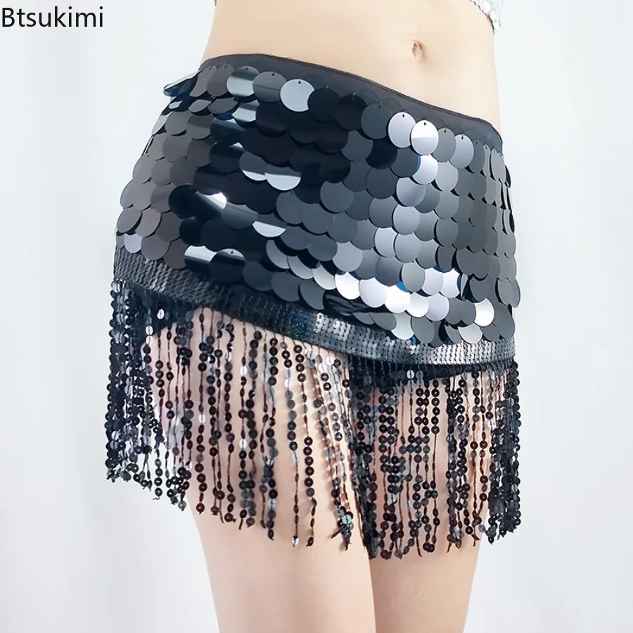 2025 Pailletten-Bauchtanz-Kostüm für Damen, Taillenschal, sexy Chiffon-Rock, Pailletten, Taillenkette, Quastengürtel, Clubwear, Damenrock