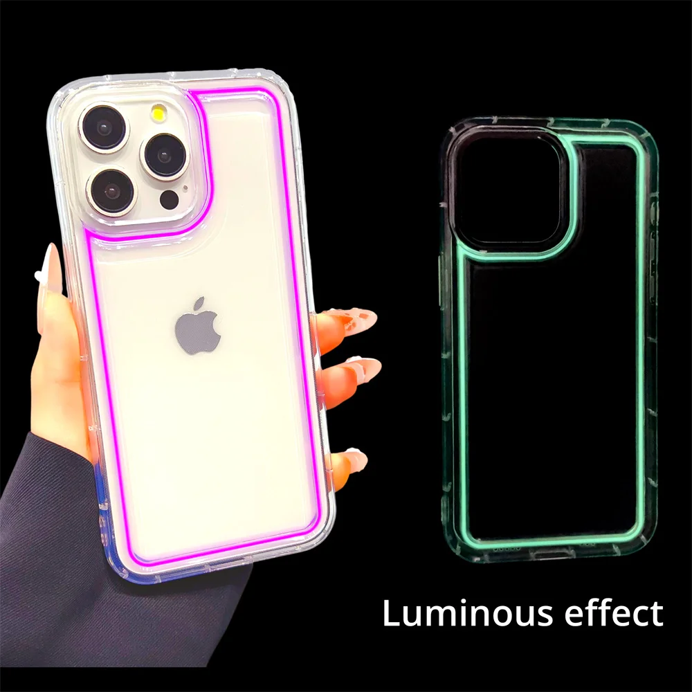 Transparent Neon Fluorescent Frame Noctilucent Case For iPhone 16 15 14 Plus 13 12 11 Pro Max AirBag Shockproof Luminous Cover