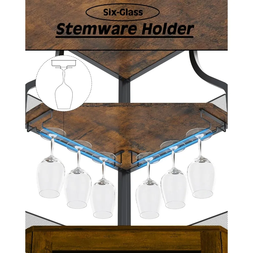 Eck-Barschrank mit LED-Licht, Weinbarschrank und Glashalter, 5-stufiger Stauraum, Eckschrank für Spirituosen, industrieller Wein