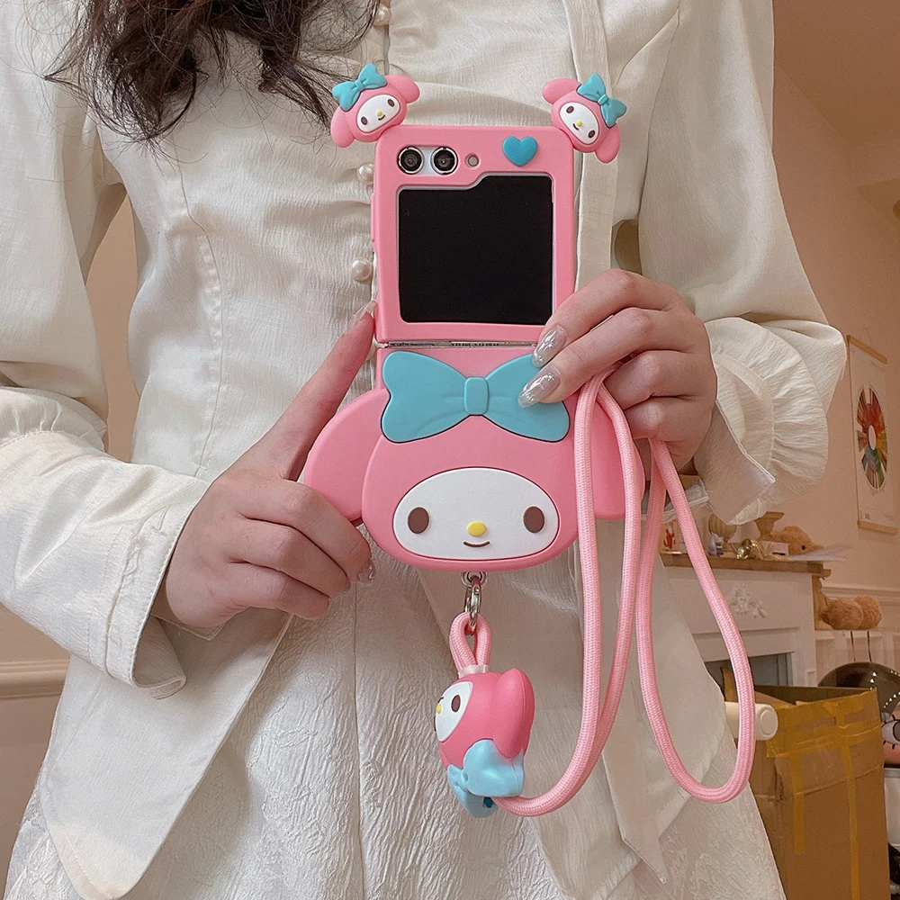 Cute Stereoscopic My Melody with Lanyard Phone Case for Samsung Galaxy Z Flip 3 4 5 5G PC Hard Silicone Anti-drop Back Cover