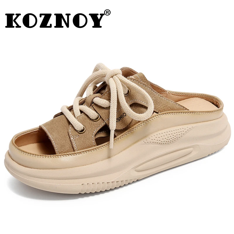 Koznoy 3.5cm Peep Toe Natural Genuine Leather Fashion Sandals Slippers Mary Jane Designer Women Summer Flats Loafer Hollow Shoes