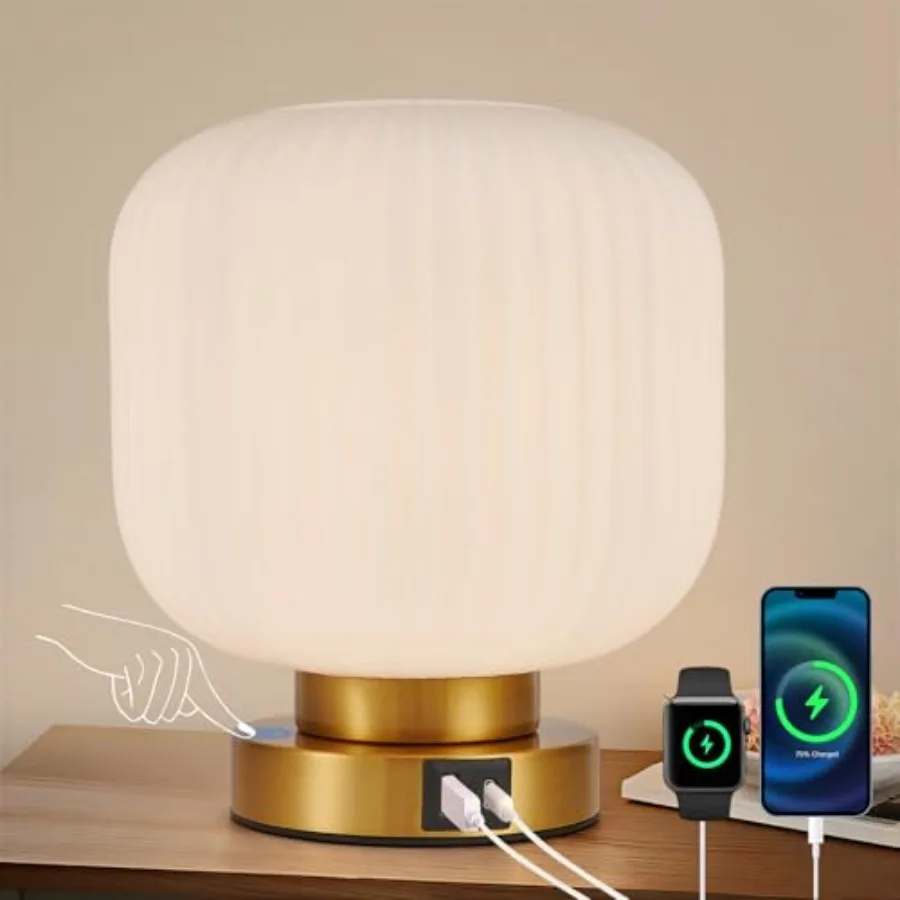 Touch Table Lamp with USB C+A Charging Ports, 3-Way Dimmable Bedside Lamp for Bedroom, Glass Shade and Brass Base, Plug-in E26
