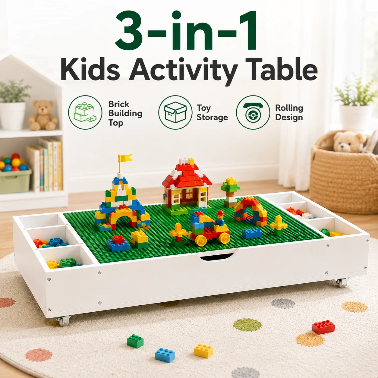 Kids Building Block Table with Toy Storage Rolling Activity Play Table Reversible Top Removable Dividers Under Bed Organizer