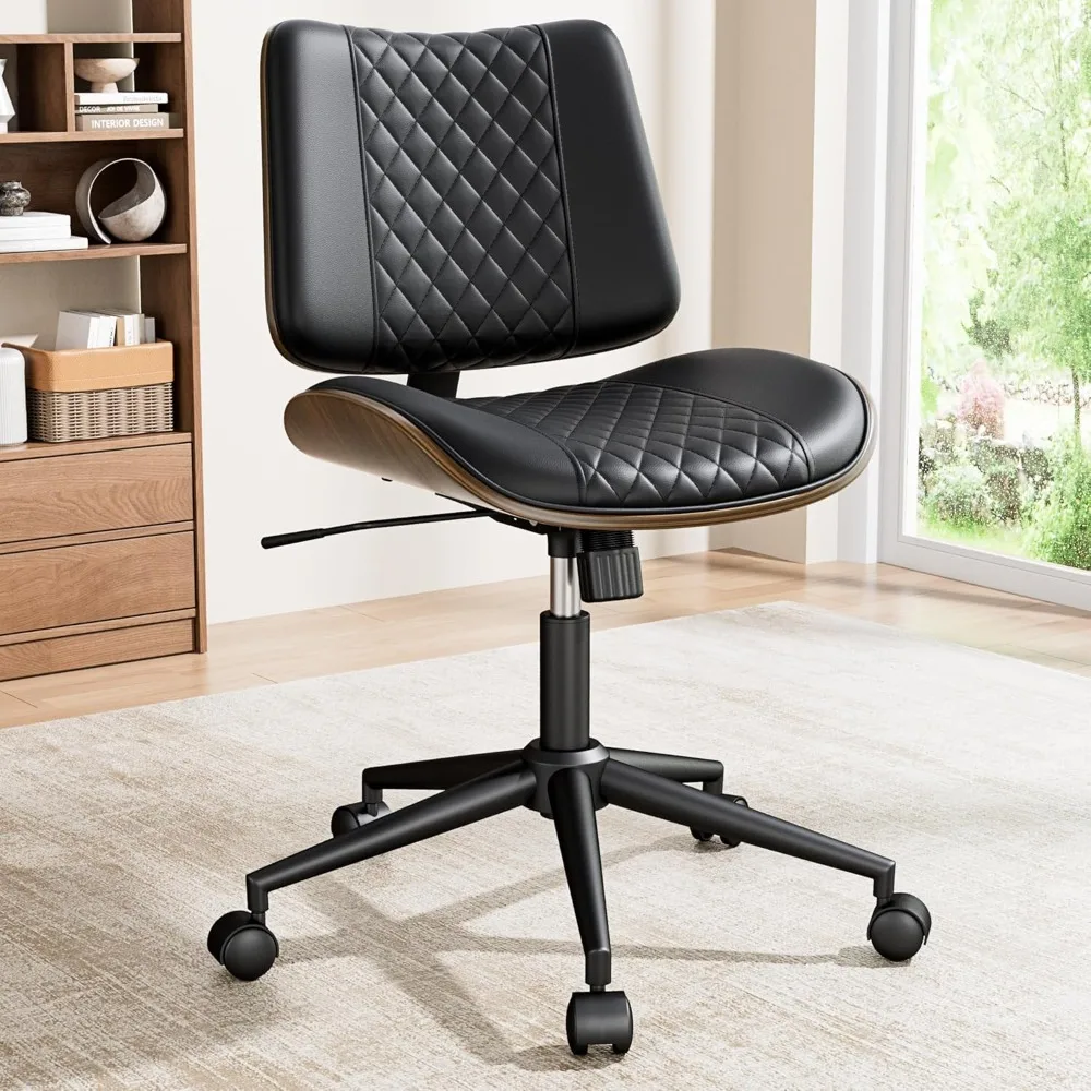 Office Chair with Wheels, Modern Walnut Armless Desk Chair, Adjustable Swivel Rolling Task Chair