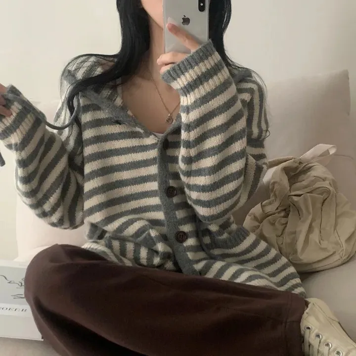 

Chic Striped Color Blo Hooded Knitted Cardigan Women's Autumn Winter Versatile Lazy Sle Single Button Open irt Top