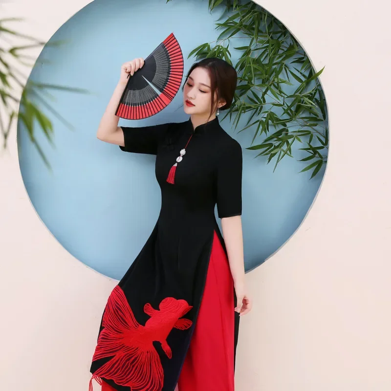 Imagem -04 - Conjunto Feminino de Duas Peças Estilo Chinês Top Longo Calça de Perna Larga Ternos Finos Vintage Casual Bordado Preto Harajuku ao Dai Vietnã Novo