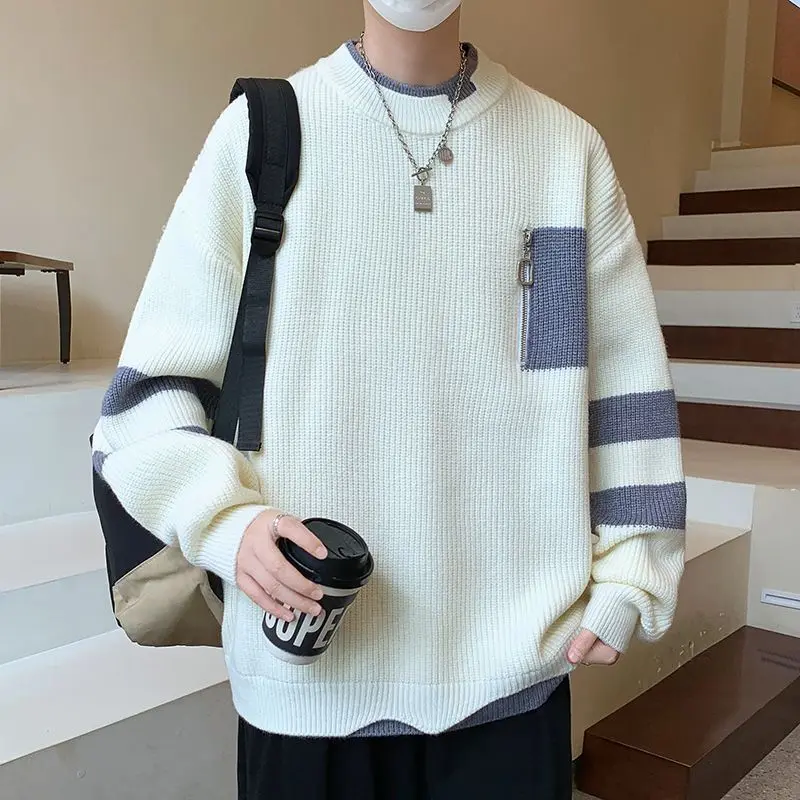 Men Round Neck Patchwork Stripe Sweater Zipper Pocket Loose Drop Shoulder Long Sleeve Knit Pullover