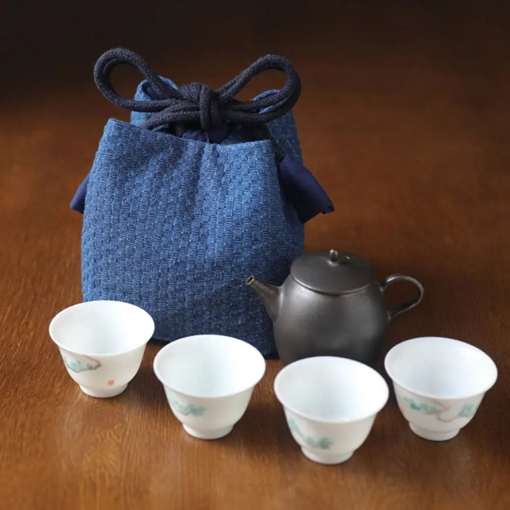 Chinese Style Teapot Cup Cotton Protect Cloth Bags Dustproof Breakage-proof Teacup Drawstring Cloth Pouch Denim Portable