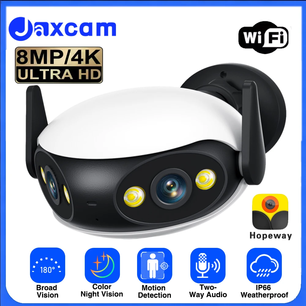 

8 МП 4K Двухобъективная камера с широким углом обзора 180° ° Уличная Wi-Fi IP-камера с обнаружением движения, сверхшироким углом обзора и цветным ночным видением для видеонаблюдения