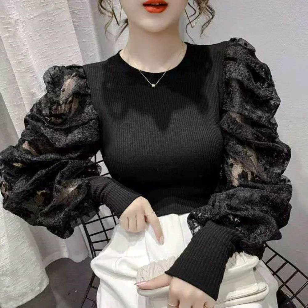 Slim O-Neck Puff Sleeves Women Top Sheer Patchwork Elegant  Blouses Office Lady\'s Casual Chic Solid Top Autumn Korean New Trend