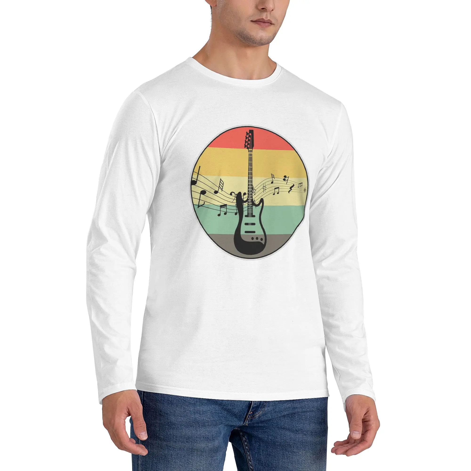 

Мужская футболка с длинными рукавами в стиле ретро, бас-гитара, дышащие футболки с круглым вырезом, весенние и осенние мужские топы