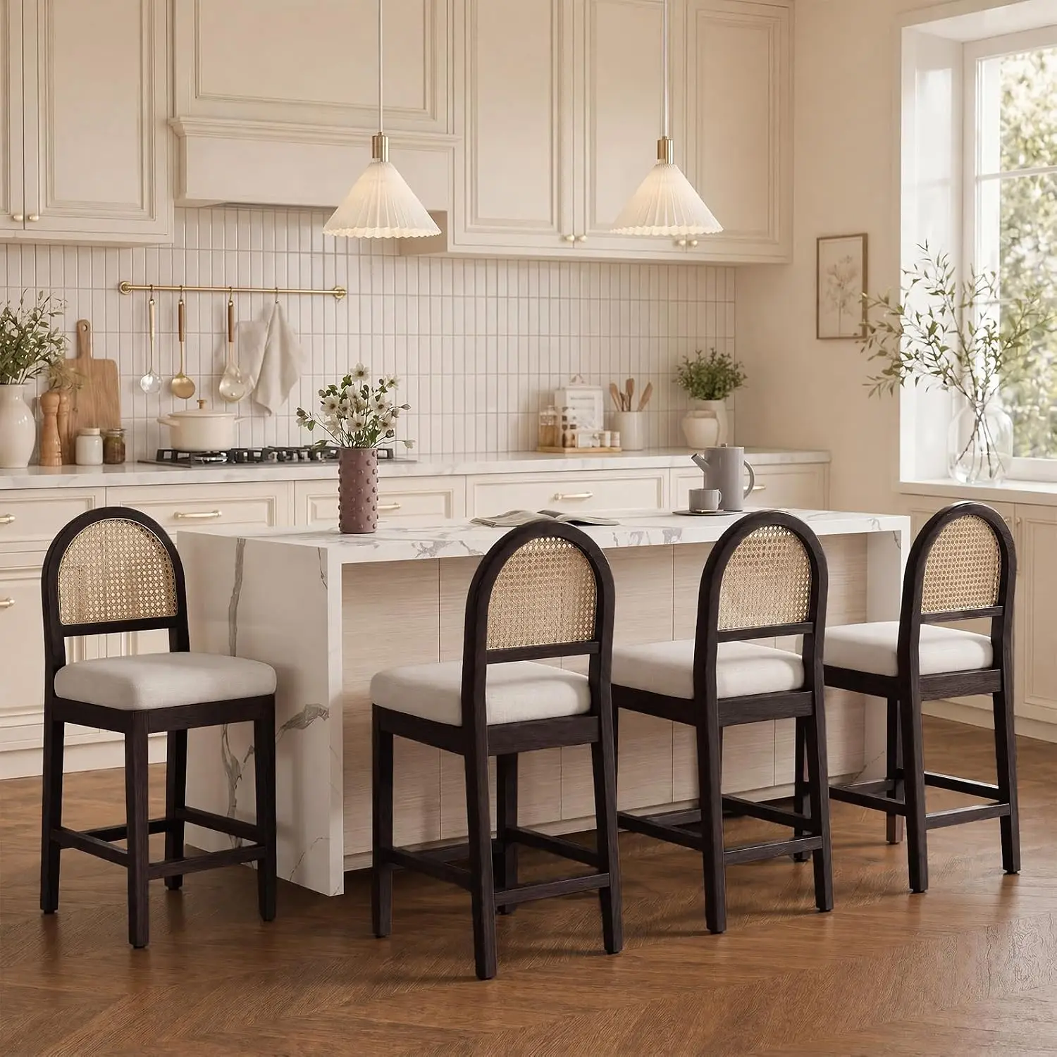 Farmhouse Rattan Counter Height Bar Stools Set of 4, Chenille Upholstered Barstools with Solid Wood Frame & Legs, Chic Kitchen