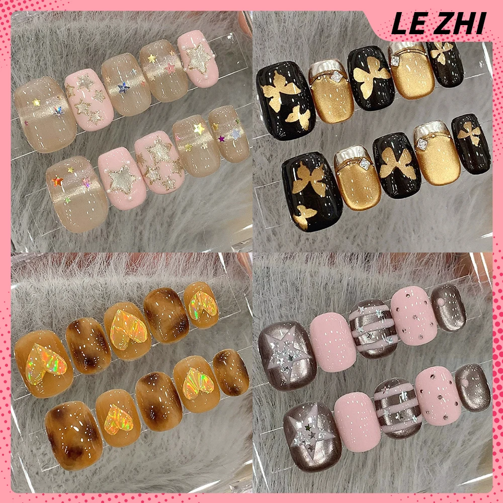 

10Pcs Gentle Elegant Short Square Round Handmade Press On Nails Cat Eyes Butterfly Heart Shining Stars Diamond Bowknot Fake Nail