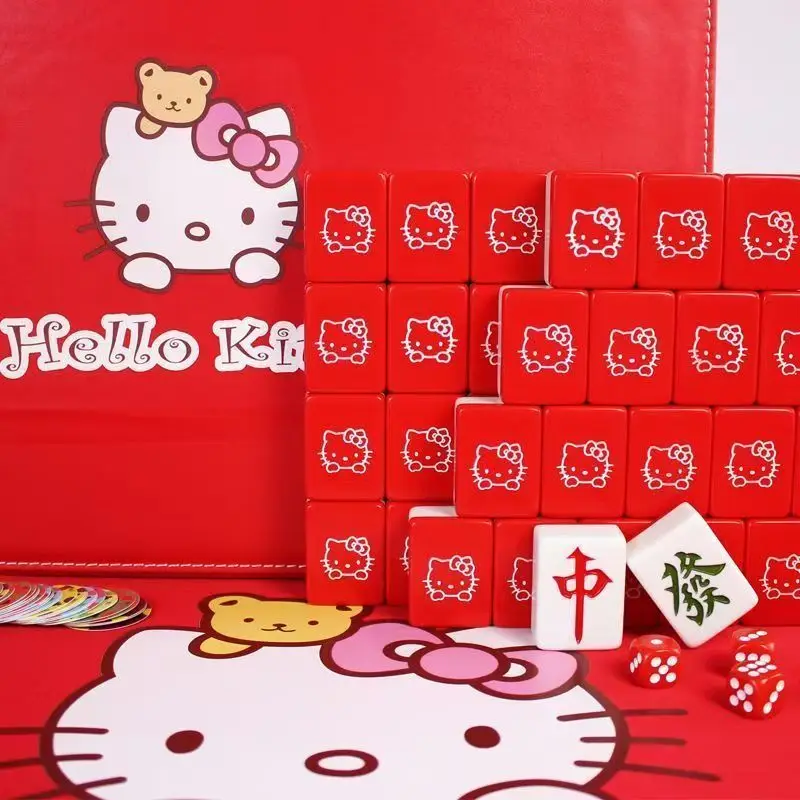 Kawaii sanrio anime olá kitty mini mahjong jogo conjunto entretenimento jogando cartas portátil vermelho mahjong jogo menino menina brinquedos presentes