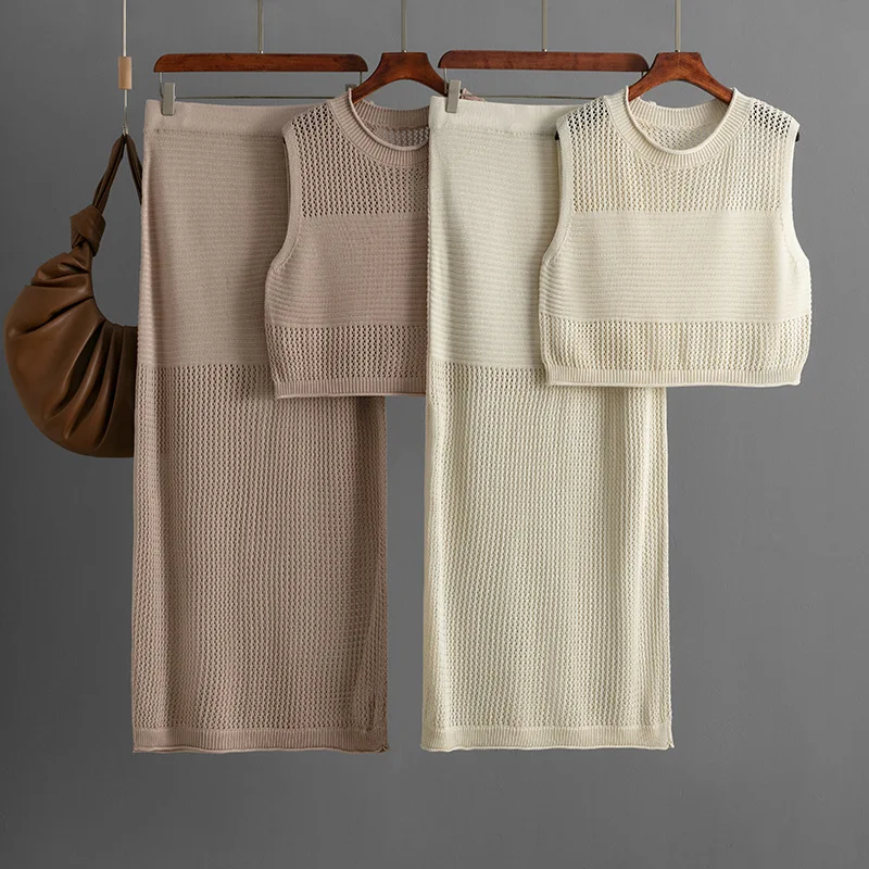 

Slim Fit Hollow out Knitted Tank Top And Skirt Two Piece Set for Young Women Spring Faion Casual Comfortable Ensemble