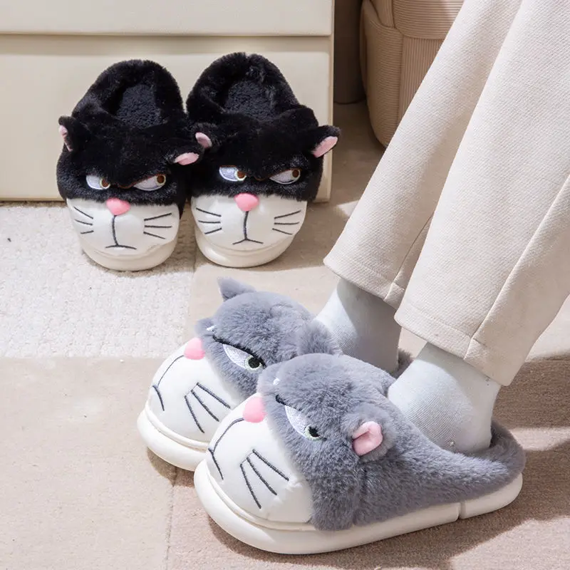 Woman novelty fuzzy furious kitty slippers unisex couple shoes New funny enraged cat slippers for women fluffy indoor flip flops