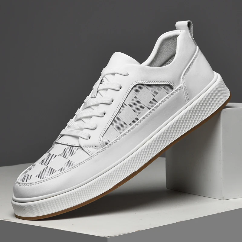

Men's White Checkered Casual Shoes Breathable Mesh Leather Patchwork Non-slip Platform Sneakers
