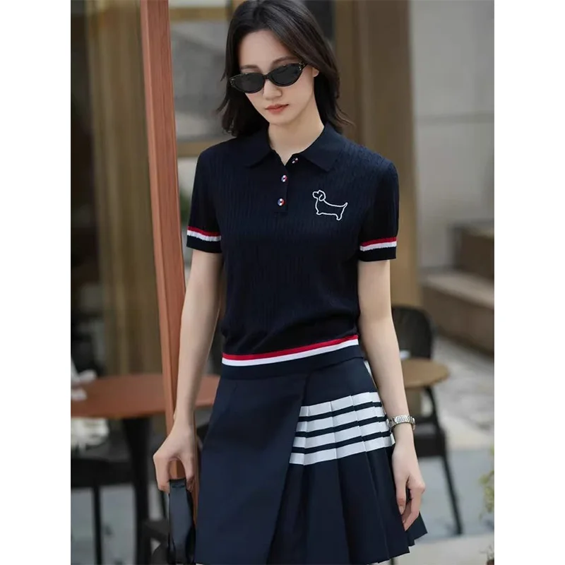 Women Clothes Summer Fashion Casual Button Striped Color Blocking Polo Collar Female All-match Appear Thin Short Sleeve Top Tee