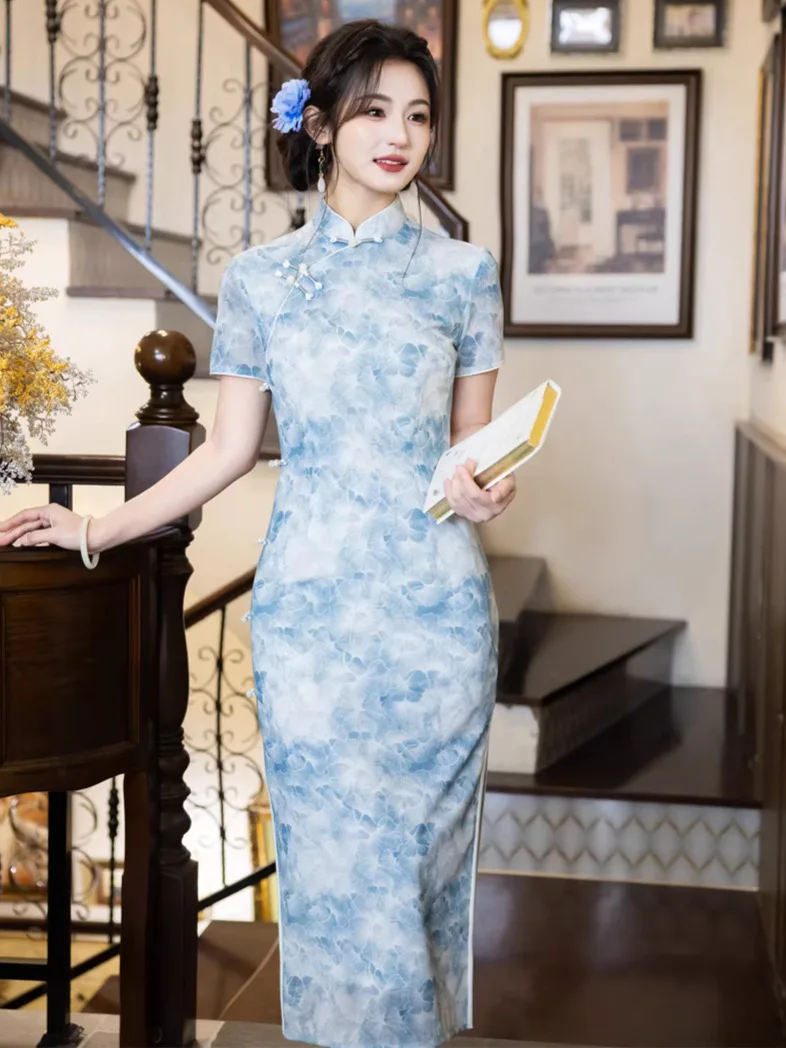 2026 Spring/Summer Qipao Double layered Long New Chinese style Girl's Temperament Blue Women's Qipao