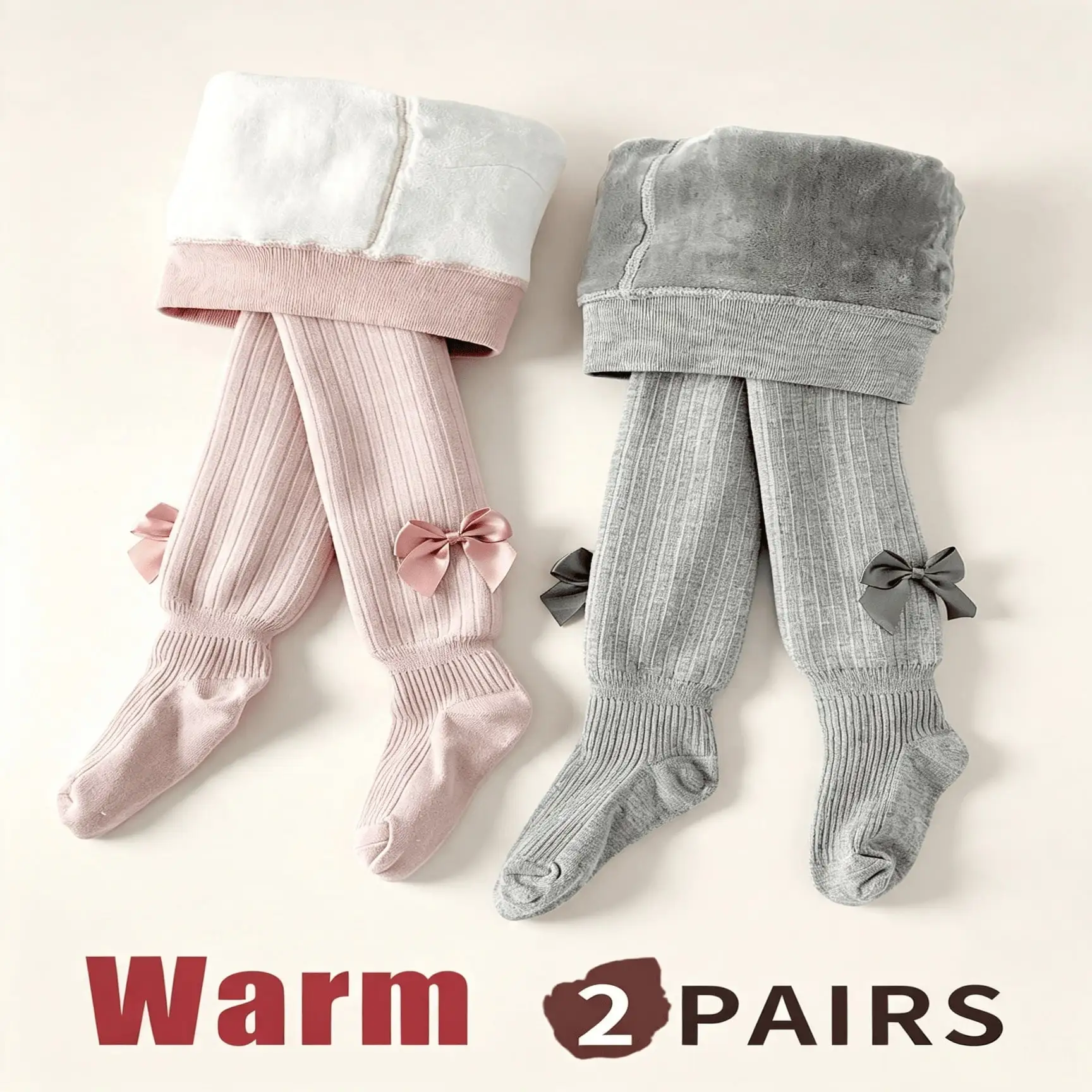 2 Pack Toddler Baby Girls Bow Knot Solid Acrylic Fleece Warm Tights for Daily Wear School Dance Play