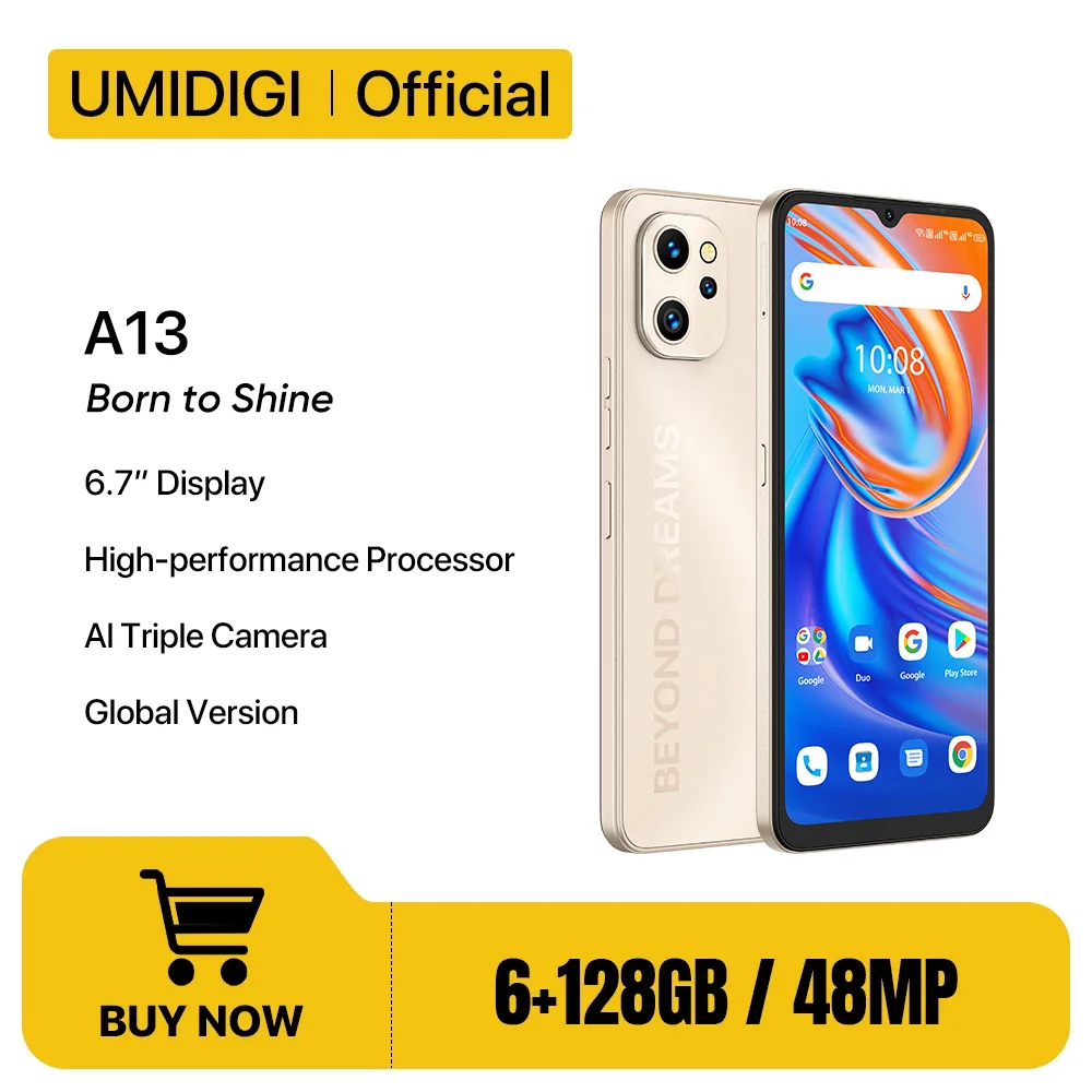 

In Stock UMIDIGI A13 Android Smartphone Global Version Unisoc T610 4GB 128GB 20MP Camera 6.7" Display 5150mAh Battery Cellular