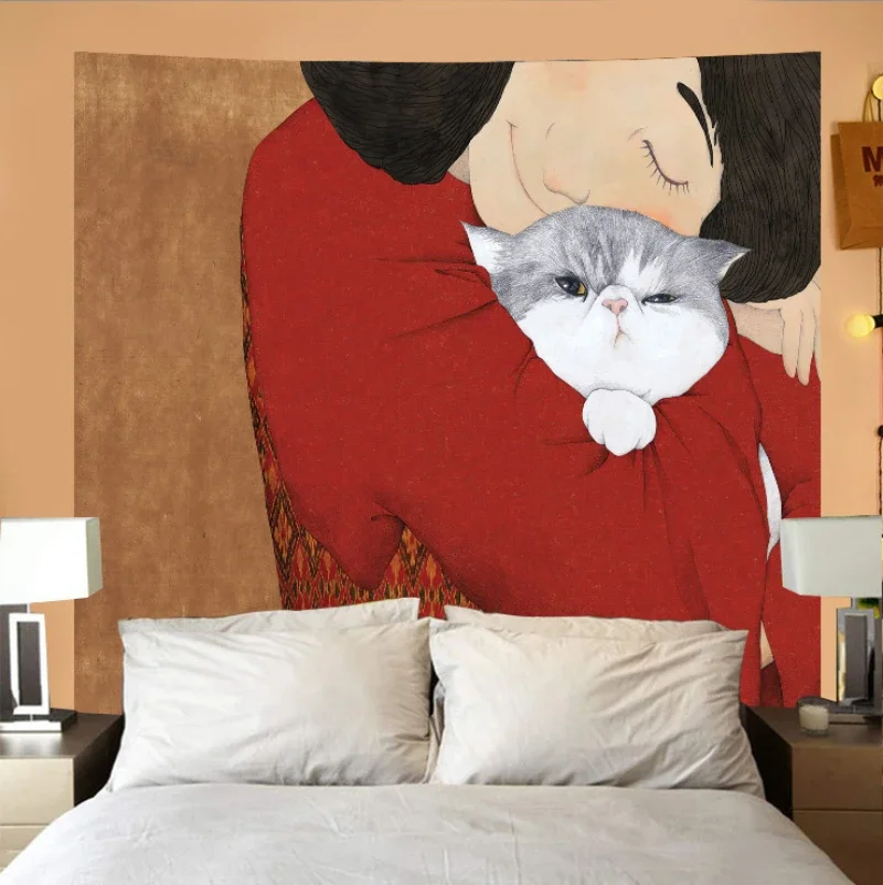 VIKAMA Giant Cat Tapestry Wall Hanging Surreal Humor Orange Room Window Funny Kitty Illustration Aesthetic Wall Art Decor
