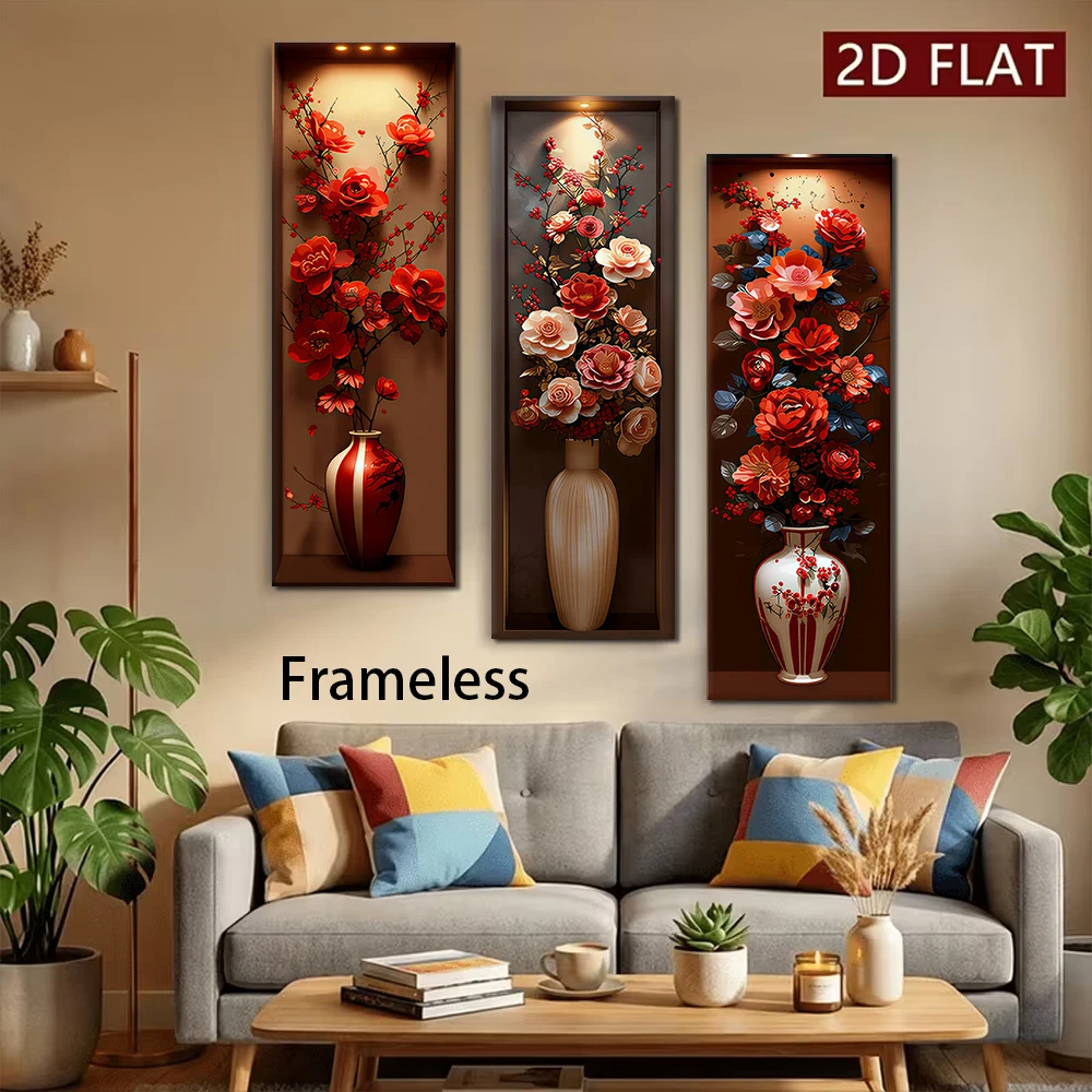 1 set of new Chinese style niche red peony vase triple wall stickers 2D flat frameless living room entrance decoration stickers
