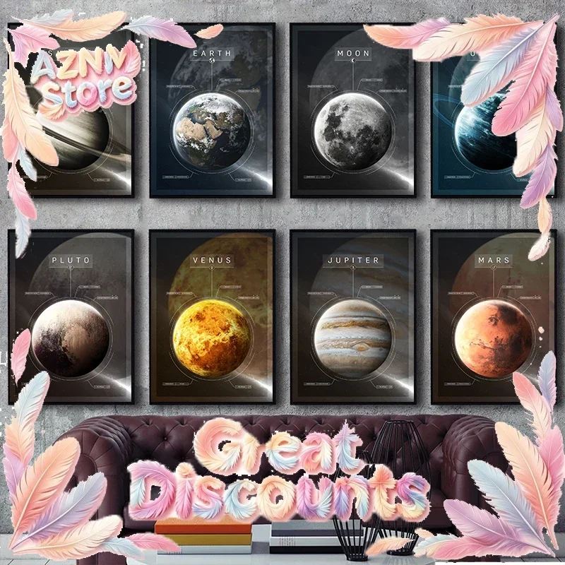 Solar System Planet Earth Mars Moon Pluto Poster and Prints Canvas Printing Modern Wall Art Picture for Living Room Home Deco