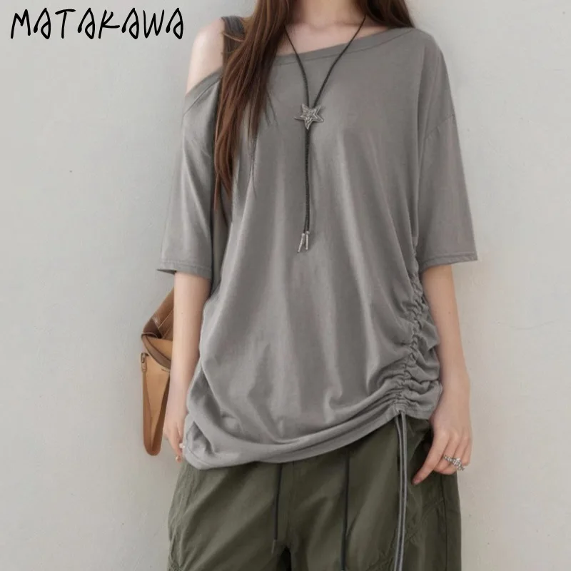 

Matakawa Y2k Skew Collar T Shirt for Women Spring Summer Solid Grey Loose Ropa De Mujer Drawstring Vintage Grunge T-shirts