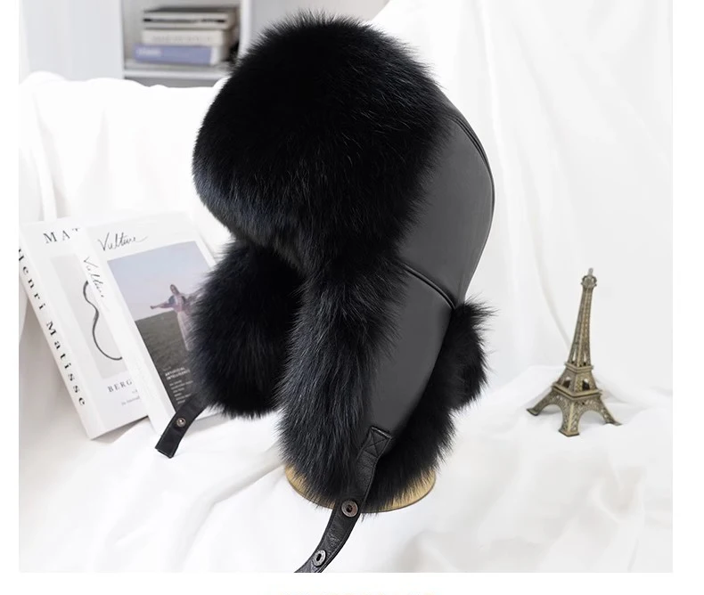 Winter 100% Echtes Silberfuchsfell Bombermütze Waschbärpelz Mütze Neue Herren-Ushanka Trapper Russische Herren-Skimütze Echte Lederkappen – Detail 26