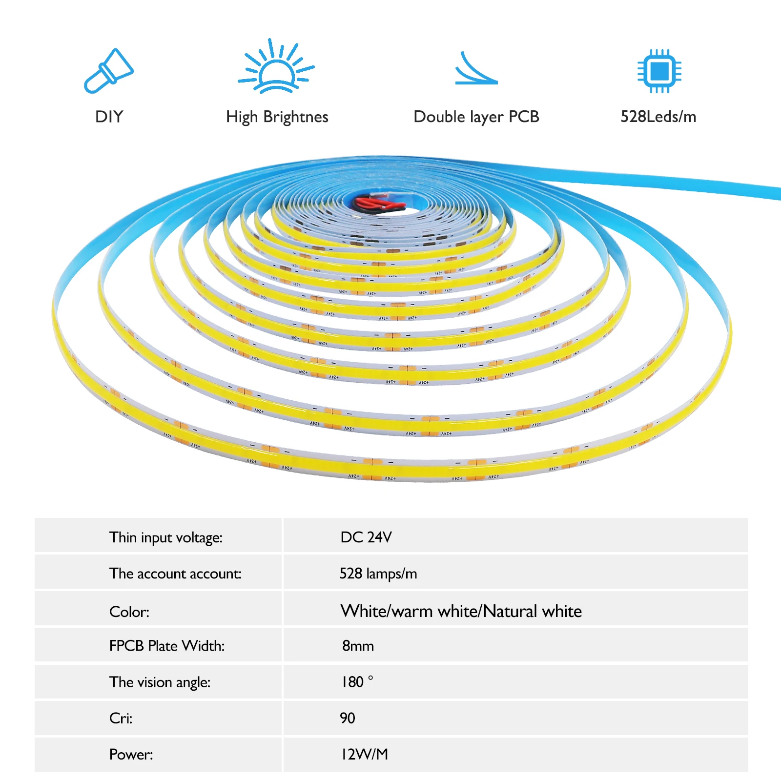 5 Meters COB LED Strip Light 8mm PCB 528LEDs/M Flexible Tape Ribbon for Room RA90 3000K 4000K 6500K High Density Linear Dimmable