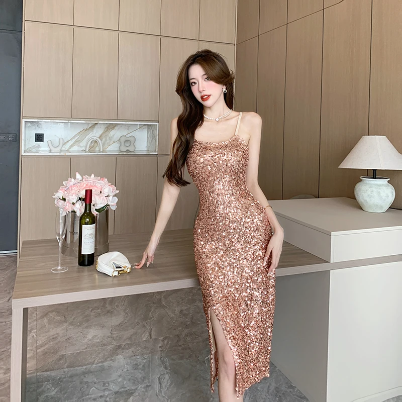 

Korean Sequins Midi Dresses for Women 2023 Summer Elegant Party Sexy Sleeveless Slim Prom Female Clothes Wedding Evening Dress