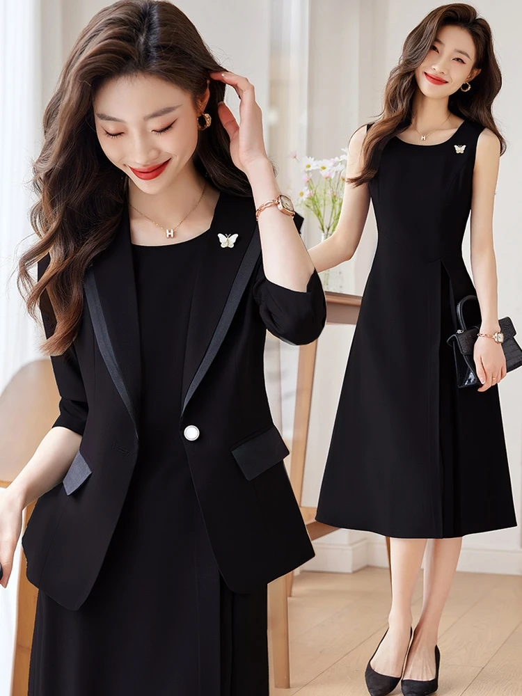 

Elegant Black -Suit Jacket Women's Spring Summer New Style High-End Feeling Professional Suit Dress Set Lady's Fashion