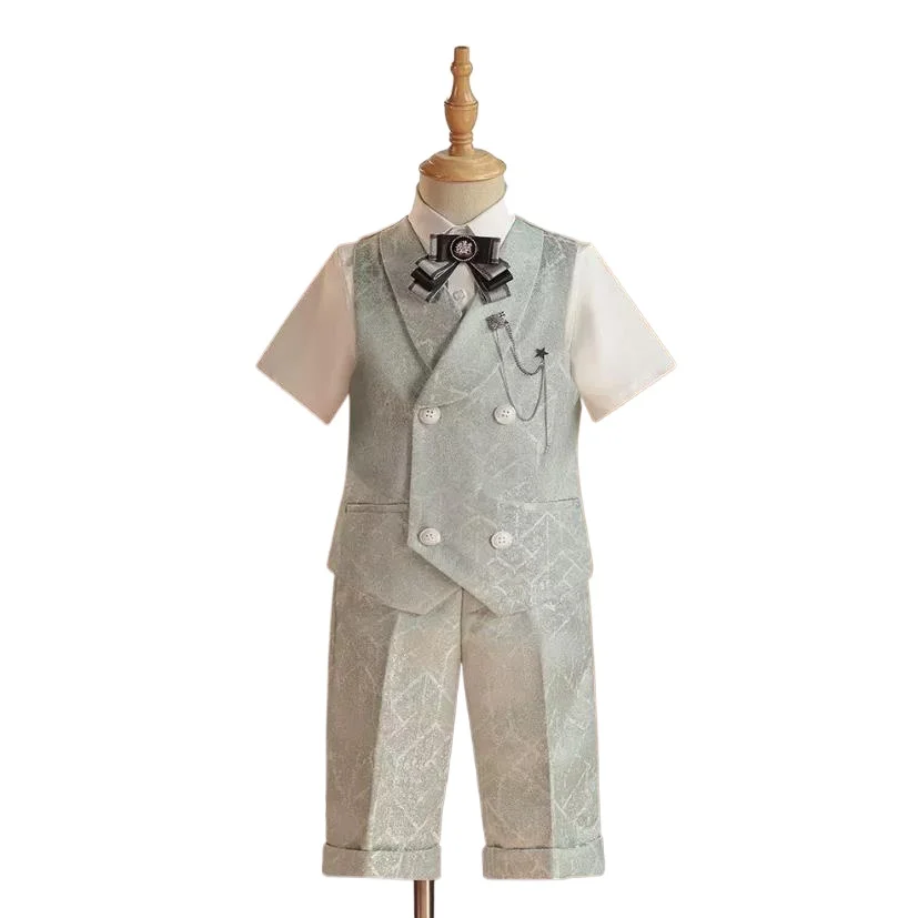 5PCS Boys' Blazer Set Summer Short Sleeved Vest New Children's Host Runway Piano Performance Suits A3963