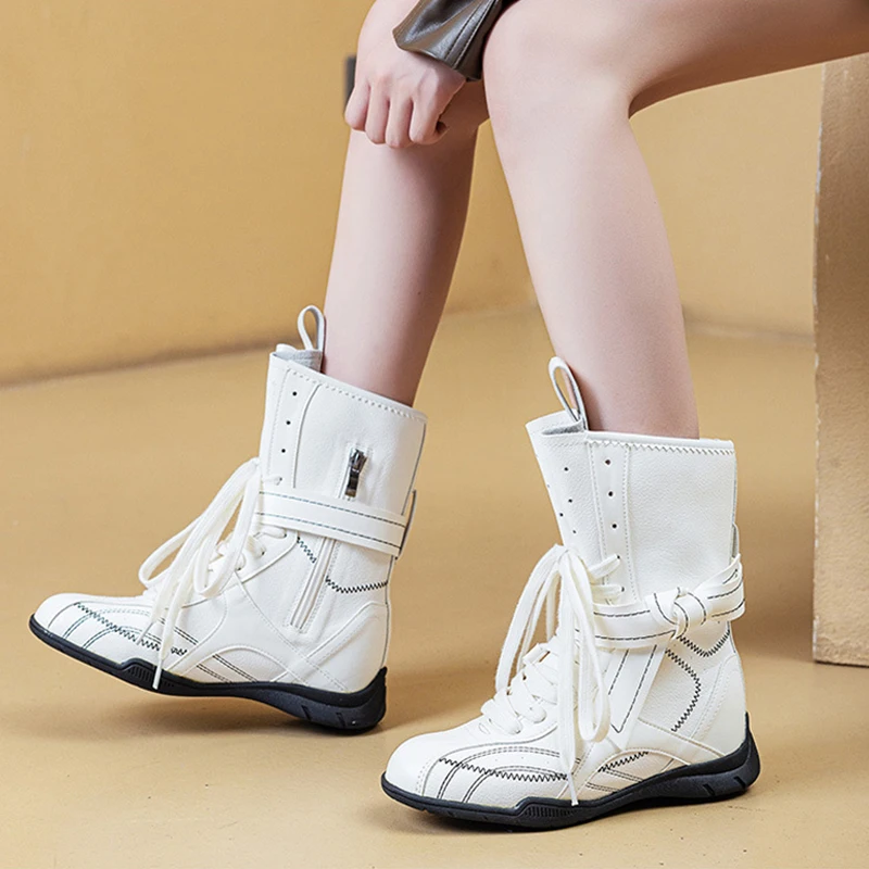 Spring Autumn Shoes Women Mid-Calf Boots Non-slip Retro Style Soft Comfortable High top Ladies Height Increasing Shoes 5cm D528