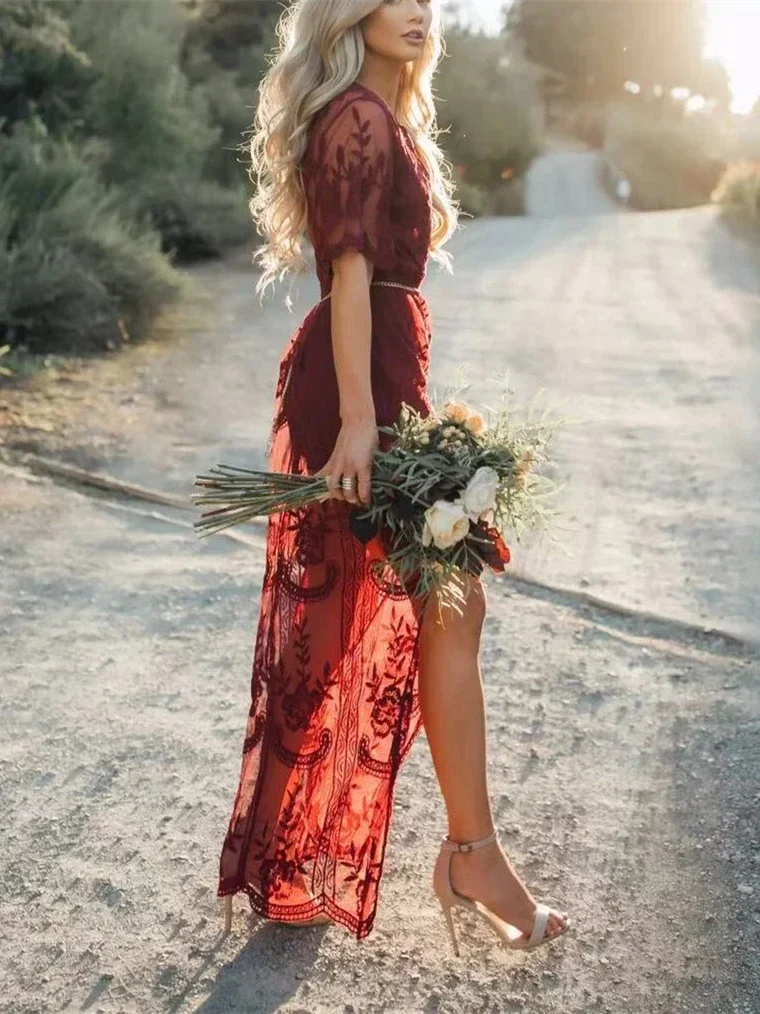 Vintage Chic Women Red Lace Short Sleeve Split Summer Beach Sexy Bohemian Maxi Dress Ladies Casual Boho Wedding Dresses Vestidos