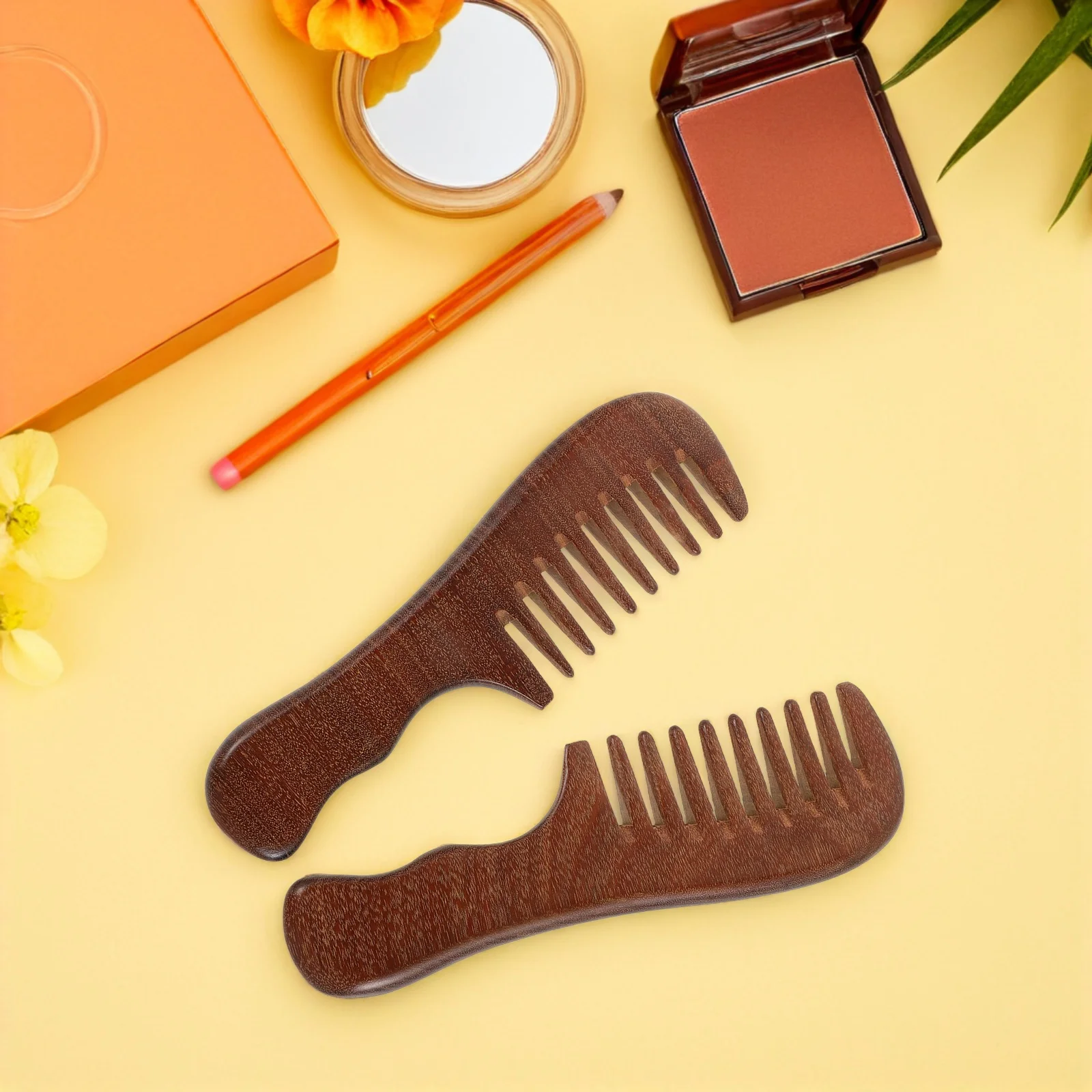 

2pcs Golden Silk Sandalwood Wide Tooth Natural Wood Detangle Comb for Curly Hair Durable Wooden Scalp Comb Travel for Women